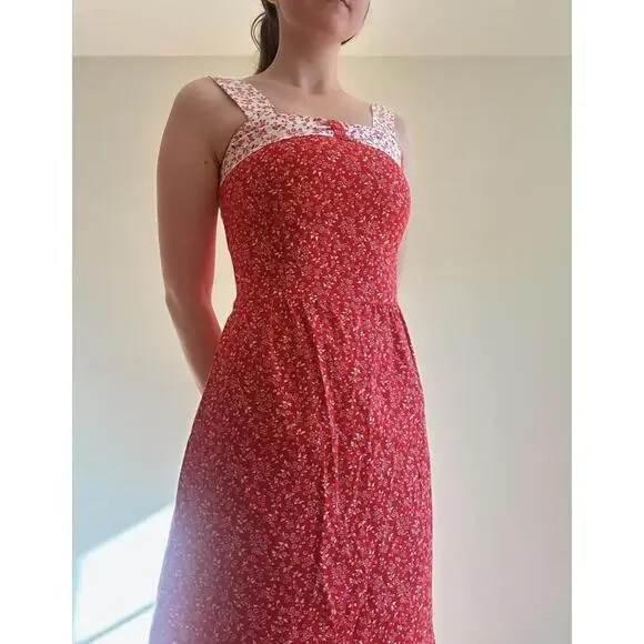 Red and White Handmade Floral Prairie Mini Dress - Picture 6 of 6